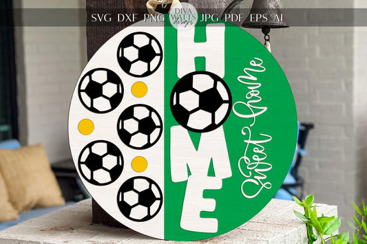 Soccer Home Sweet Home Round Door Hanger SVG, Sports Porch Sign, Game Day Laser Cut File for Glowforge xTool Cricut Silhouette