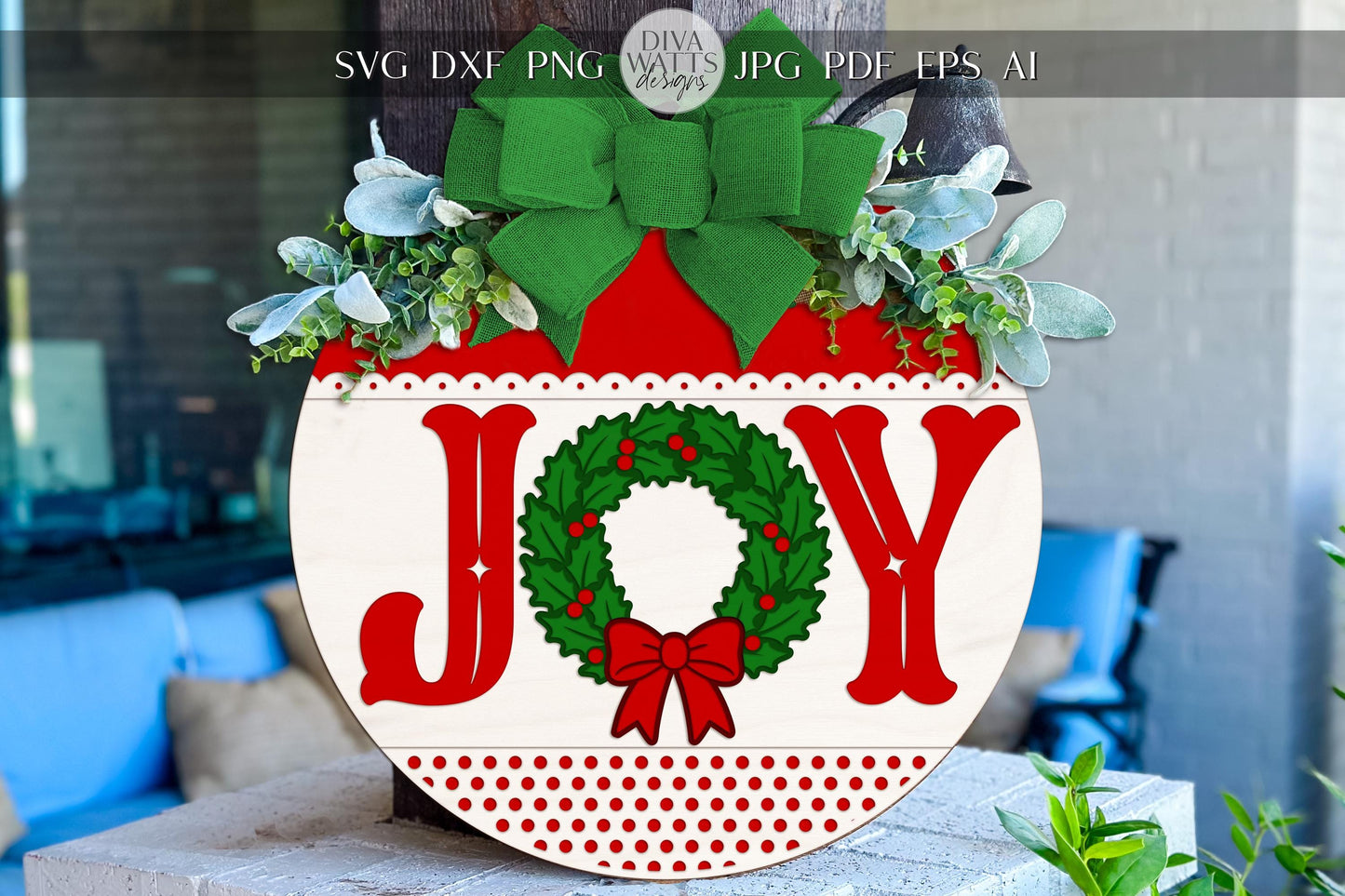 Joy Christmas Round Door Hanger SVG | Holiday Wreath Ornament Laser Cut File | Festive Glowforge xTool Cricut Design