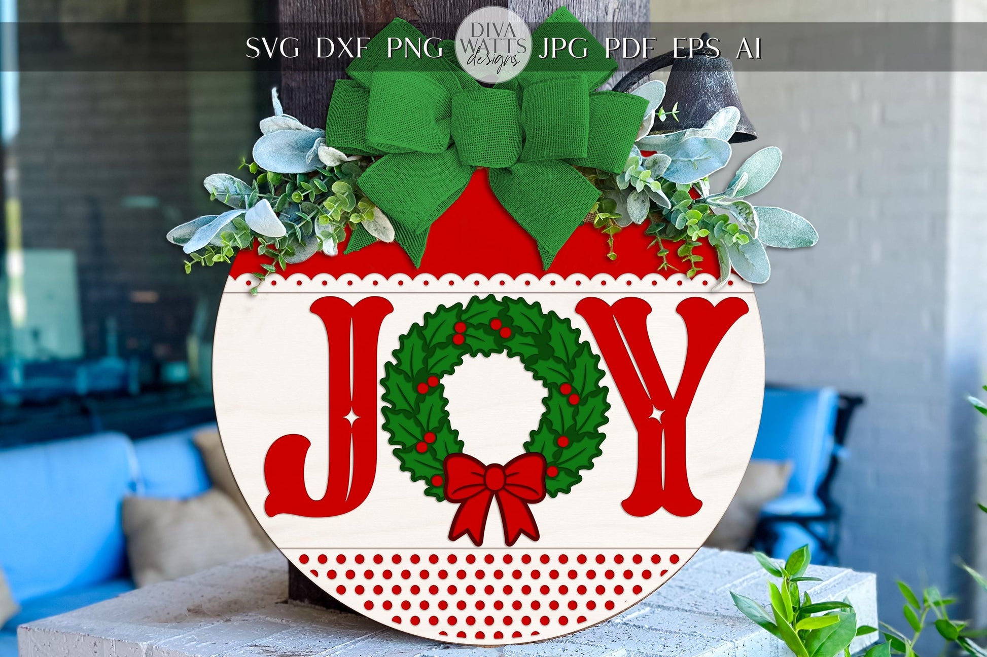 Joy Christmas Round Door Hanger SVG | Holiday Wreath Ornament Laser Cut File | Festive Glowforge xTool Cricut Design