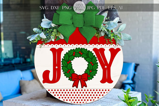 Joy Christmas Round Door Hanger SVG | Holiday Wreath Ornament Laser Cut File | Festive Glowforge xTool Cricut Design