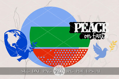 Peace on Earth Round Door Hanger SVG | Christmas Dove and Globe Ornament Laser Cut File for Glowforge xTool Cricut