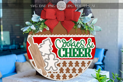 Christmas Cookies Round Door Hanger SVG | Cookies & Cheer Sign | Gingerbread Rolling Pin Holiday Round | Laser Cut File Glowforge xTool