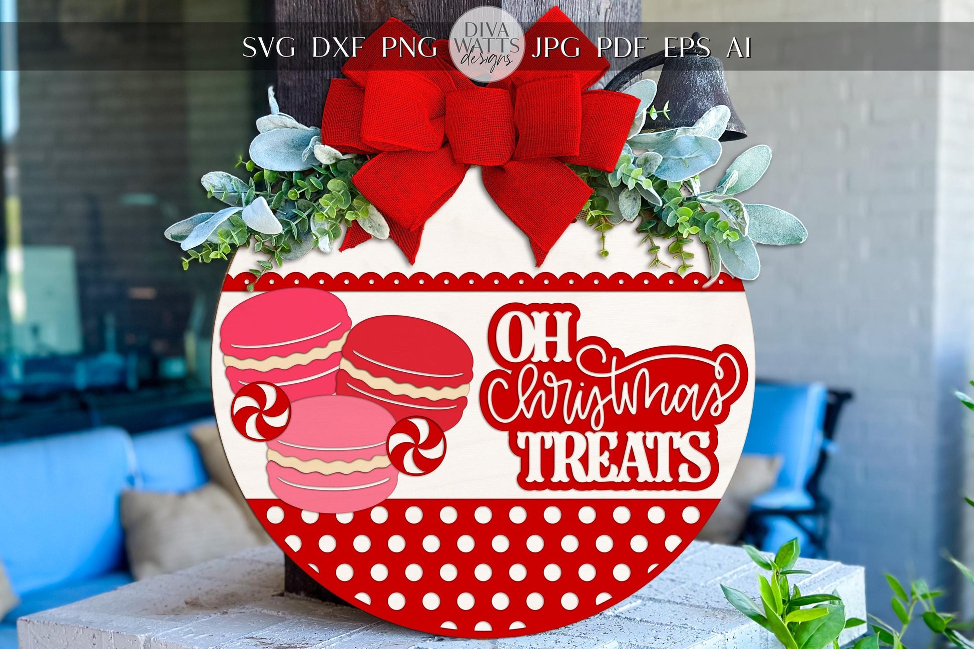 Oh Christmas Treats Round Door Hanger SVG, Macaron Cookie Sign Laser Cut File, Holiday Porch Decor SVG for Glowforge xTool Silhouette