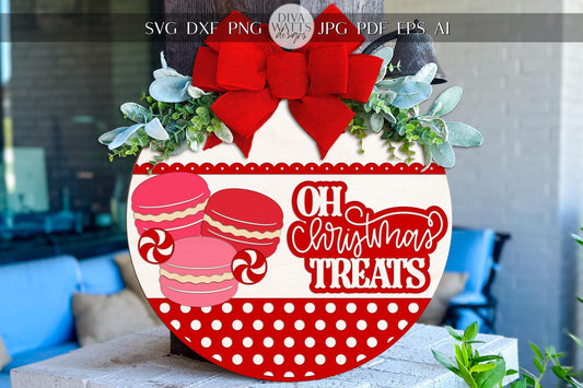 Oh Christmas Treats Round Door Hanger SVG, Macaron Cookie Sign Laser Cut File, Holiday Porch Decor SVG for Glowforge xTool Silhouette