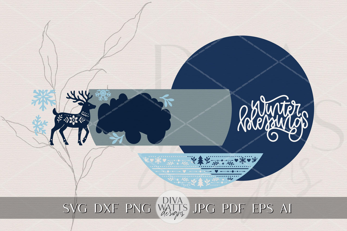 Winter Blessings Round Door Hanger SVG Nordic Scandinavian Reindeer Snowflake Sign Laser Cut File for Glowforge xTool