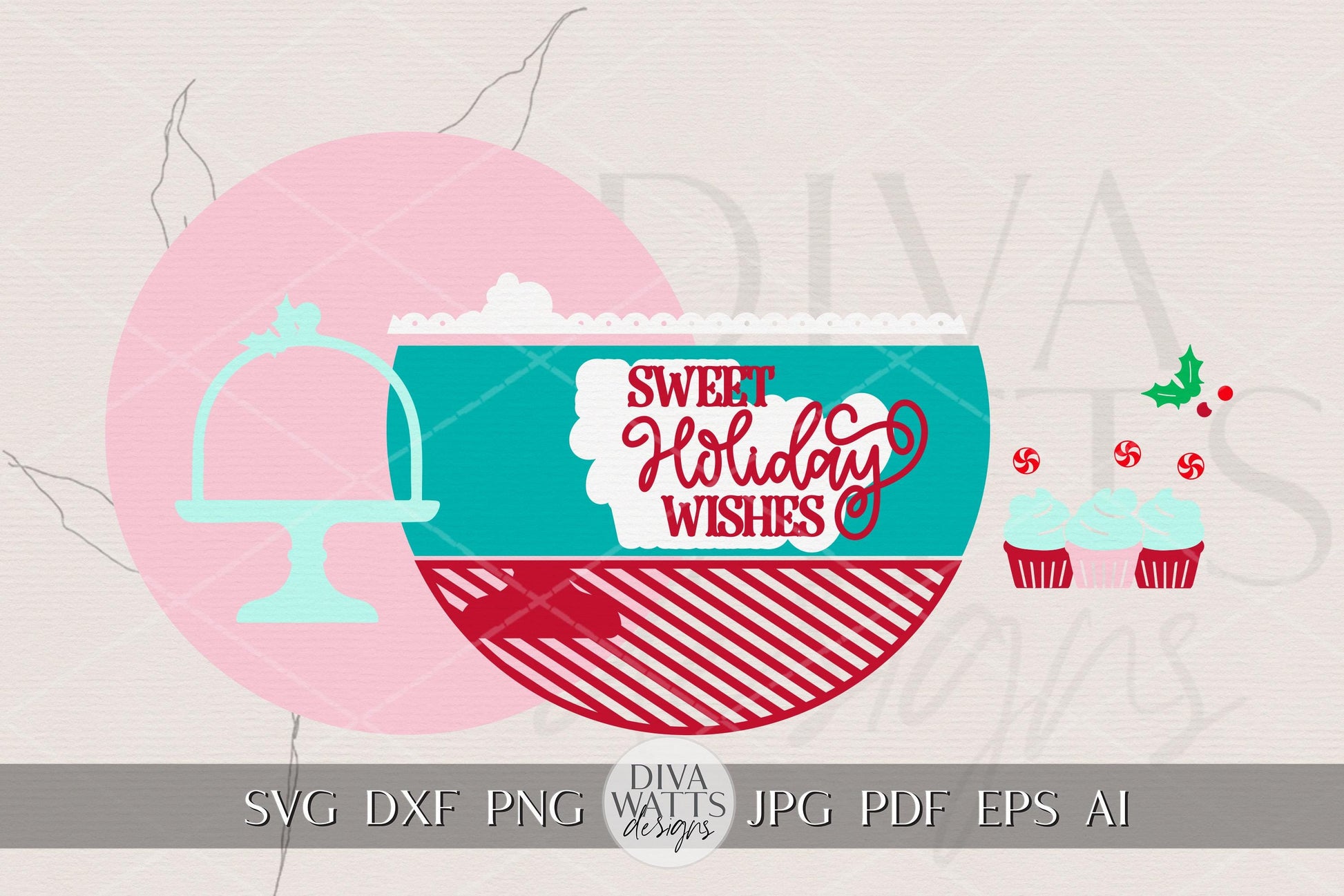 Sweet Holiday Wishes Round Door Hanger SVG | Christmas Cupcake Sign Laser Cut File | Peppermint Candy Holiday Porch Decor SVG