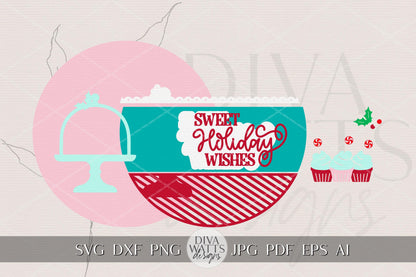 Sweet Holiday Wishes Round Door Hanger SVG | Christmas Cupcake Sign Laser Cut File | Peppermint Candy Holiday Porch Decor SVG