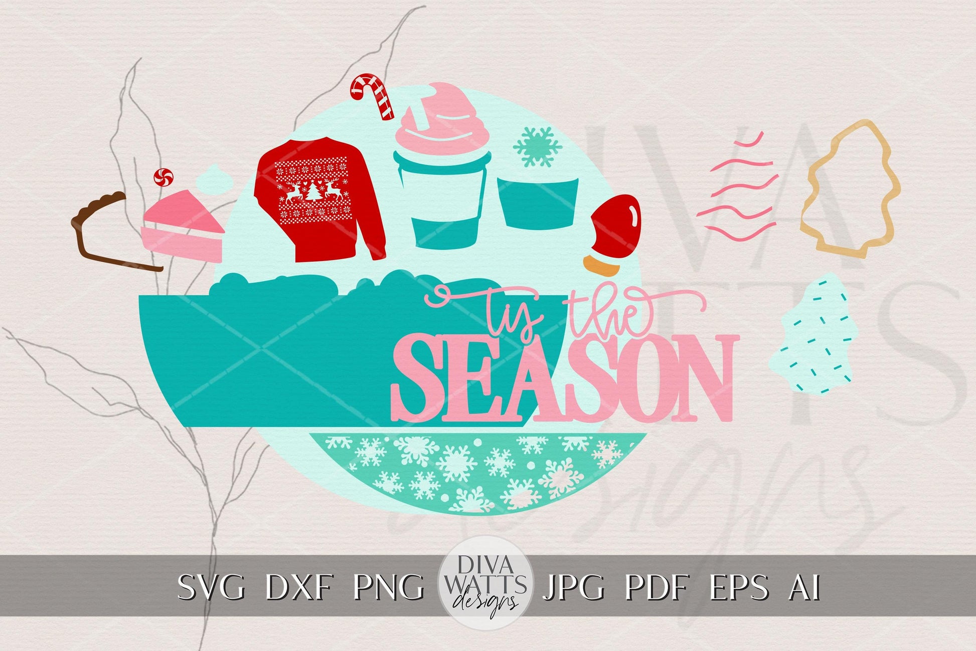 Tis the Season Round Door Hanger SVG Christmas Sign with Sweater Coffee Cookie Candy Apple Holiday Porch Decor Laser Cut File