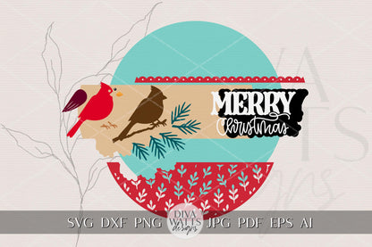 Merry Christmas Cardinal Round Door Hanger SVG, Laser Cut Christmas Sign File, Holiday Porch Decor SVG for Glowforge xTool