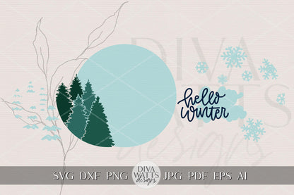 Hello Winter Round Door Hanger SVG | Snowflake Pine Tree Laser Cut Sign File | Glowforge xTool Winter Porch Decor Digital Download