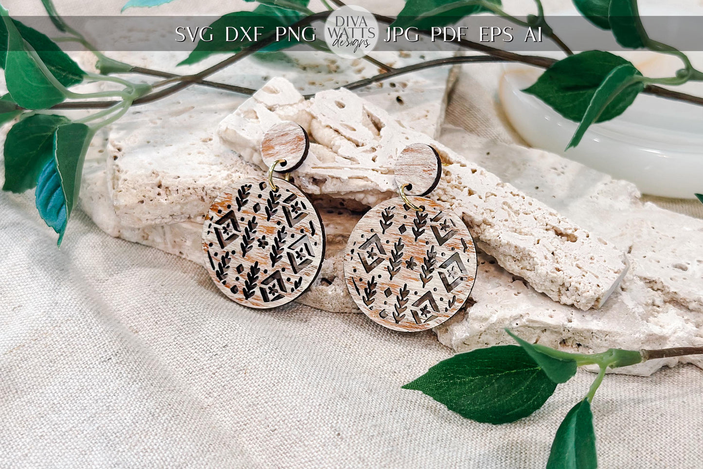 Laser Cut Earring SVG | Round Boho Botanical Diamond Pattern | Statement Jewelry Template | Glowforge xTool Digital Cut File