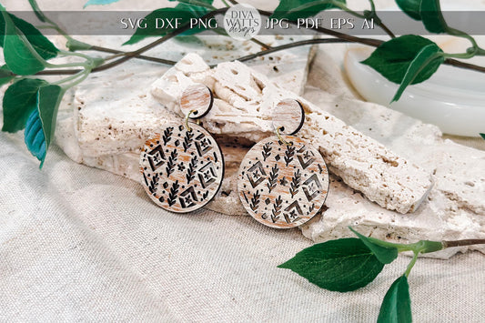 Laser Cut Earring SVG | Round Boho Botanical Diamond Pattern | Statement Jewelry Template | Glowforge xTool Digital Cut File