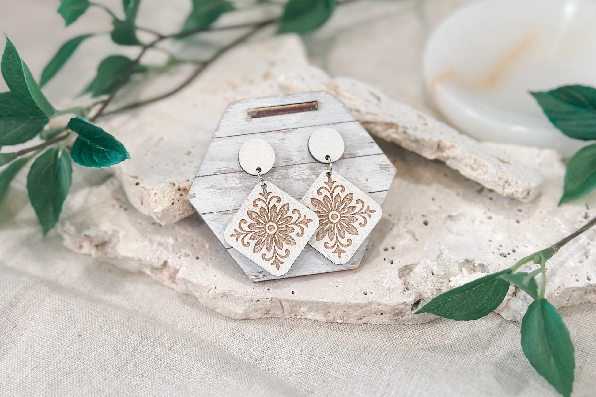 Laser Cut Earring SVG | Boho Moroccan Floral Diamond Earrings Template | DIY Wood Jewelry SVG for Glowforge xTool | Engraved Cut File