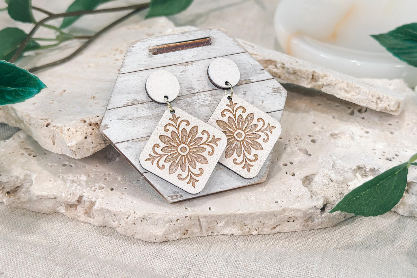 Laser Cut Earring SVG | Boho Moroccan Floral Diamond Earrings Template | DIY Wood Jewelry SVG for Glowforge xTool | Engraved Cut File