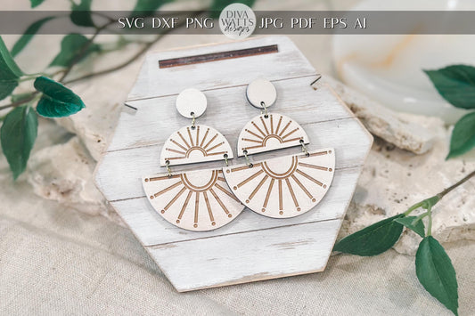 Laser Cut Earring SVG | Sunburst Linked Drop Earrings Template | Modern Boho Jewelry SVG for Glowforge xTool | Double Drop Cut File