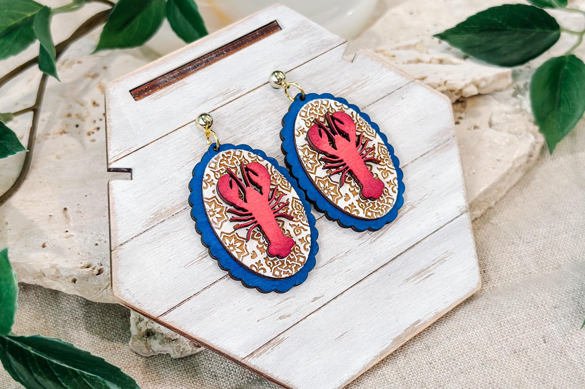 Laser Cut Earring SVG | Lobster Oval Drop Earrings Template | Coastal Jewelry SVG for Glowforge xTool | Moroccan Mediterranean Tile Cut File