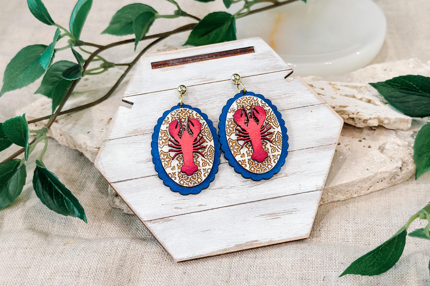 Laser Cut Earring SVG | Lobster Oval Drop Earrings Template | Coastal Jewelry SVG for Glowforge xTool | Moroccan Mediterranean Tile Cut File