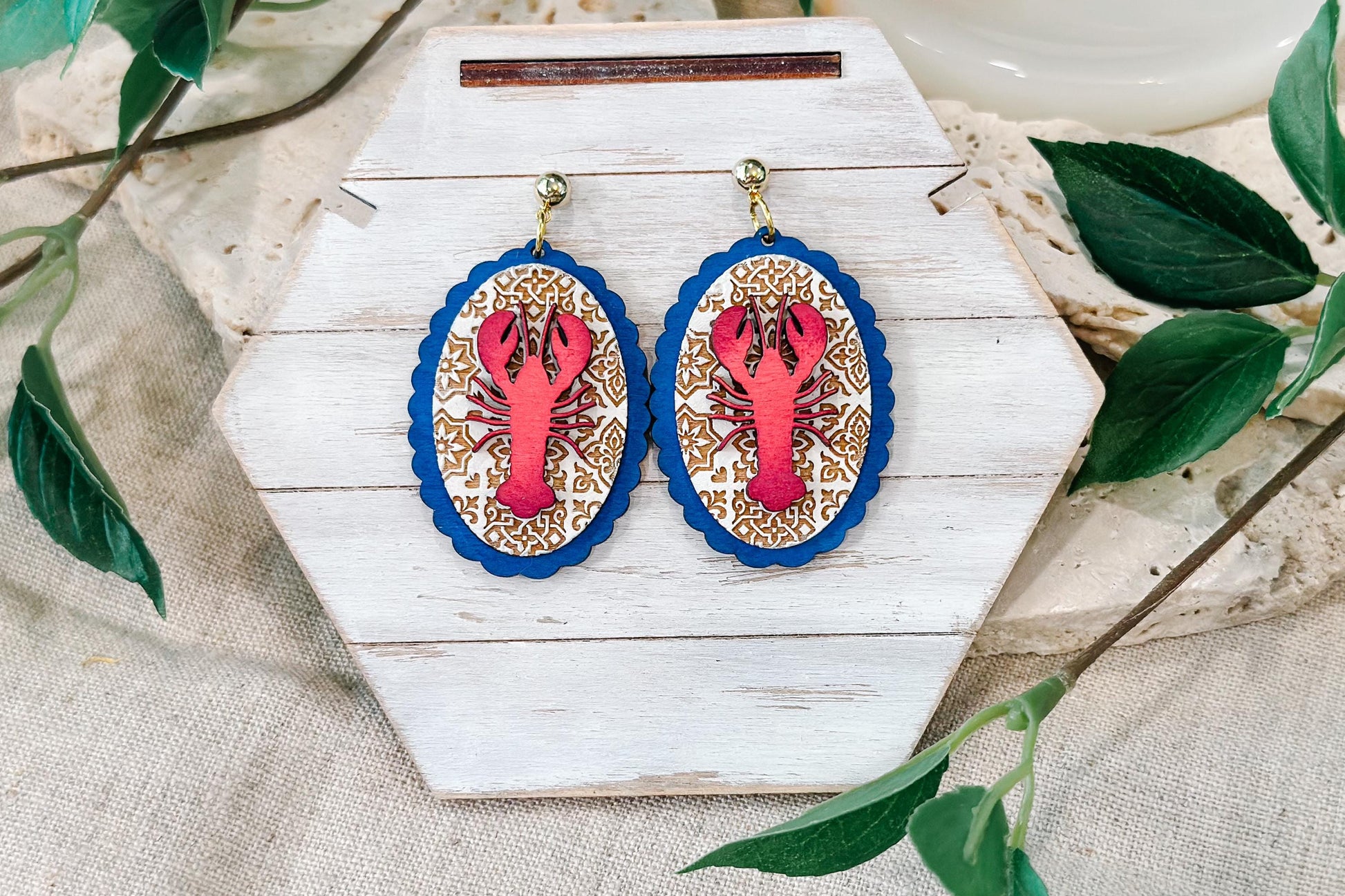 Laser Cut Earring SVG | Lobster Oval Drop Earrings Template | Coastal Jewelry SVG for Glowforge xTool | Moroccan Mediterranean Tile Cut File