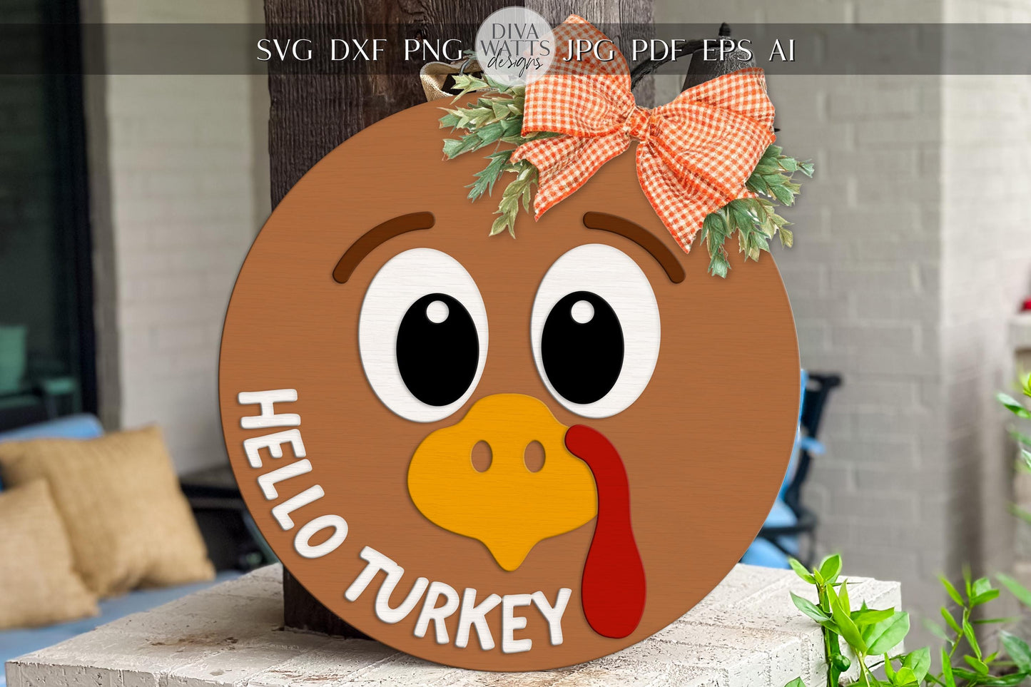 Hello Turkey Door Hanger SVG, Round Turkey Face Sign, Fall Thanksgiving Laser Cut File, Glowforge xTool Digital Download
