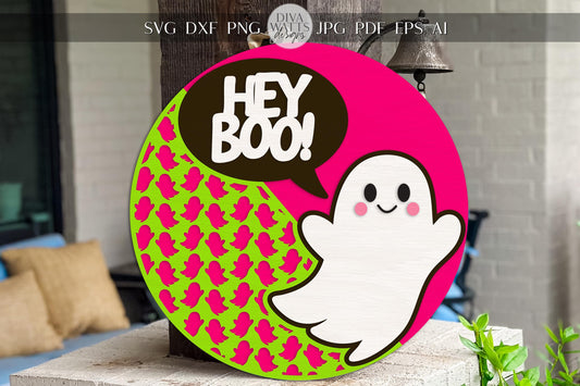 Hey Boo Ghost Halloween Round Door Hanger SVG File | Cute Laser Cut Sign for Glowforge xTool | Halloween Porch Decor SVG Cut File