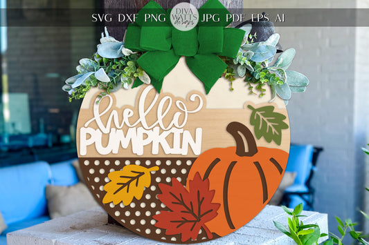 Hello Pumpkin Door Hanger SVG, Fall Round Sign Laser Cut File, Autumn Pumpkin Leaves Porch Decor, Glowforge xTool Digital Download