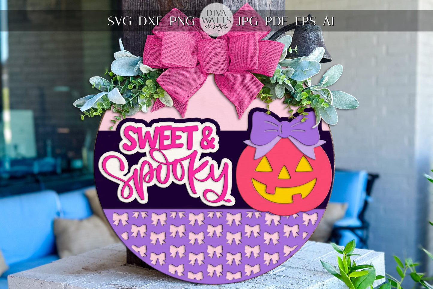 Sweet & Spooky Halloween Round Door Hanger SVG | Coquette Pumpkin Sign with Bow | Cute Laser Cut Digital Download