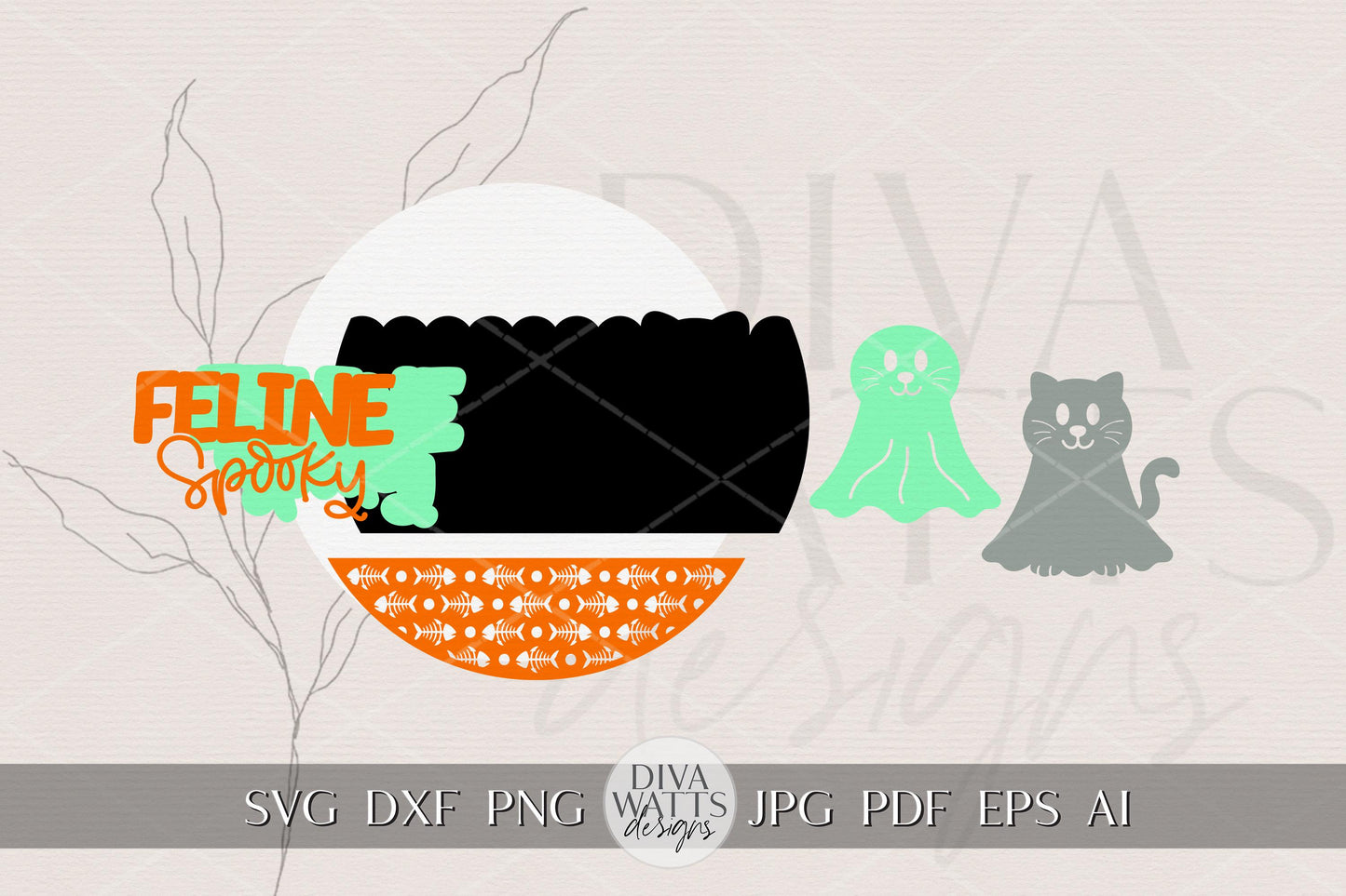 Feline Spooky Halloween Cat Round Door Hanger SVG | Ghost Cat Laser Cut Sign File | Glowforge xTool Halloween Porch Decor SVG Laser Cut File