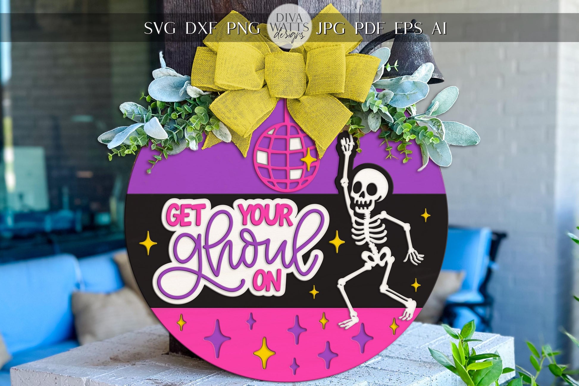 Get Your Ghoul On Halloween Round Door Hanger SVG | Skeleton Disco Sign Laser Cut File for Glowforge xTool Cricut | Disco Skeleton Door Sign