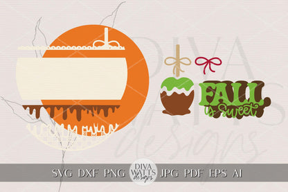 Fall Is Sweet Door Hanger SVG Round Sign | Caramel Apple Autumn Porch Sign Laser Cut File | Glowforge xTool Fall SVG Digital Download