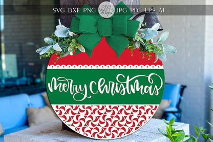 Laser Cut Door Hanger SVG | Merry Christmas Round Sign Template | DIY Holiday Porch Sign SVG for Glowforge xTool | Festive Christmas Decor