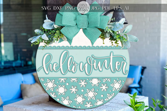 Laser Cut Door Hanger SVG | Hello Winter Sign with Snowflakes | Round Porch Decor Template | DIY SVG for Glowforge xTool