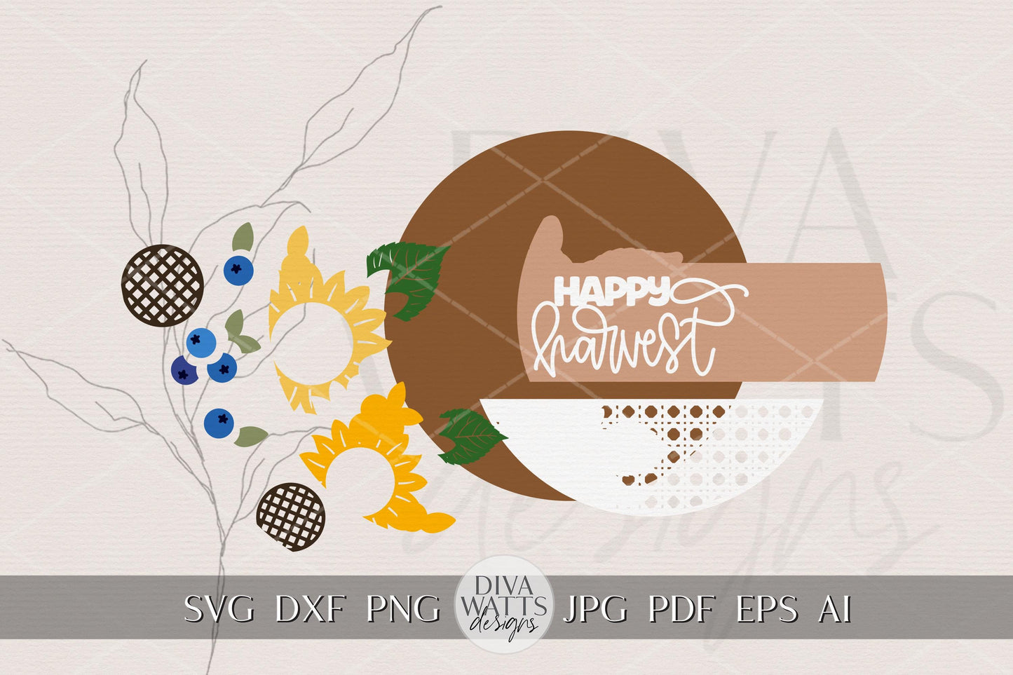 Happy Harvest Round Door Hanger SVG | Sunflower Fall Porch Sign | Layered Laser Cut File for Glowforge xTool OMTech