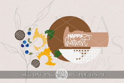 Happy Harvest Round Door Hanger SVG | Sunflower Fall Porch Sign | Layered Laser Cut File for Glowforge xTool OMTech