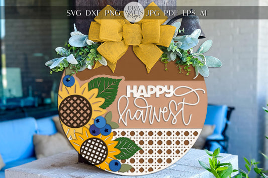 Happy Harvest Round Door Hanger SVG | Sunflower Fall Porch Sign | Layered Laser Cut File for Glowforge xTool OMTech