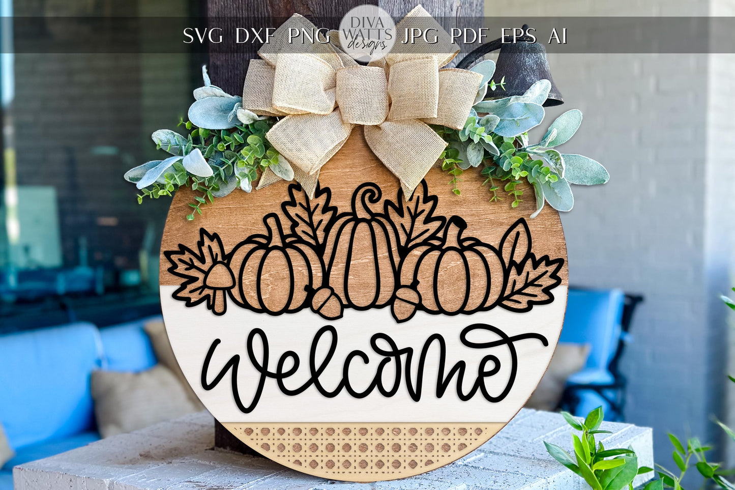 Welcome Fall Pumpkin Round Door Hanger SVG, Layered Autumn Welcome Sign Laser Cut File for Glowforge, xTool, OMTech