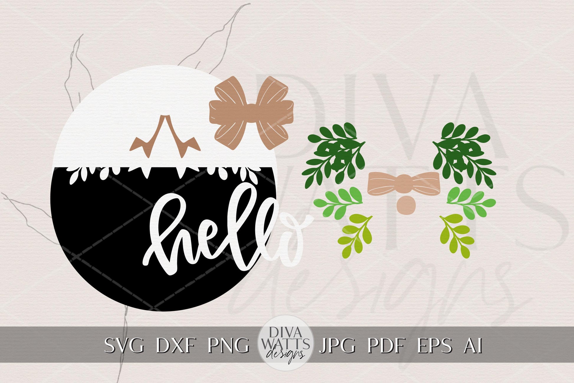Faux Bow & Greenery Round Door Hanger SVG | Laser Cut File with Layered Leaves and Bonus Hello Sign | DIY Front Porch Door Decor | Wood Bow