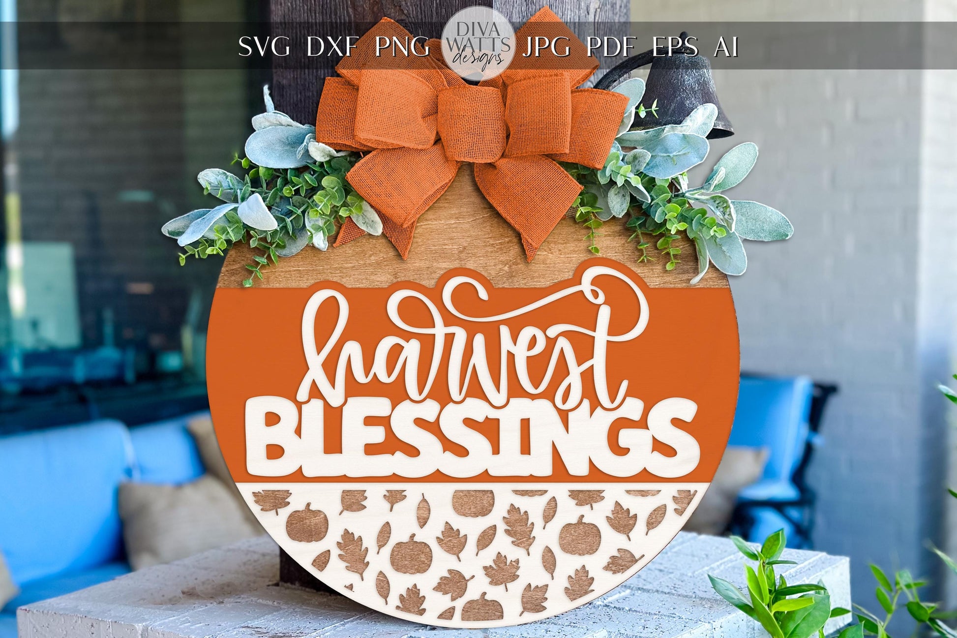 Harvest Blessings Round Door Hanger SVG File for Fall Porch Decor, Laser Cut Autumn Sign Pattern with Pumpkins and Leaves