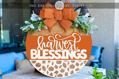 Harvest Blessings Round Door Hanger SVG File for Fall Porch Decor, Laser Cut Autumn Sign Pattern with Pumpkins and Leaves