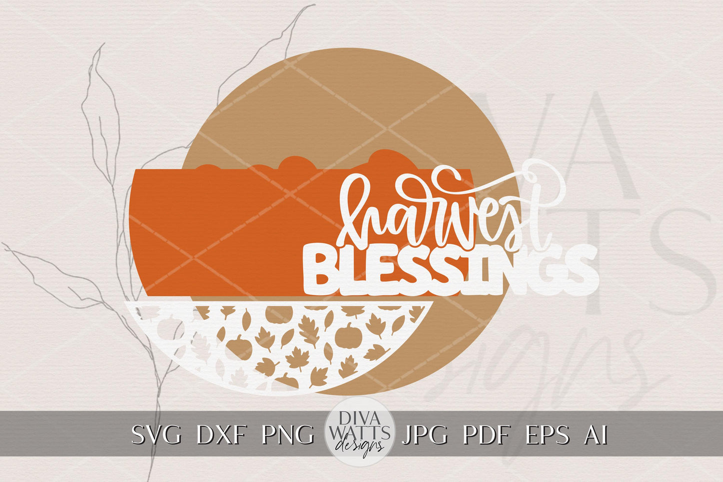 Harvest Blessings Round Door Hanger SVG File for Fall Porch Decor, Laser Cut Autumn Sign Pattern with Pumpkins and Leaves