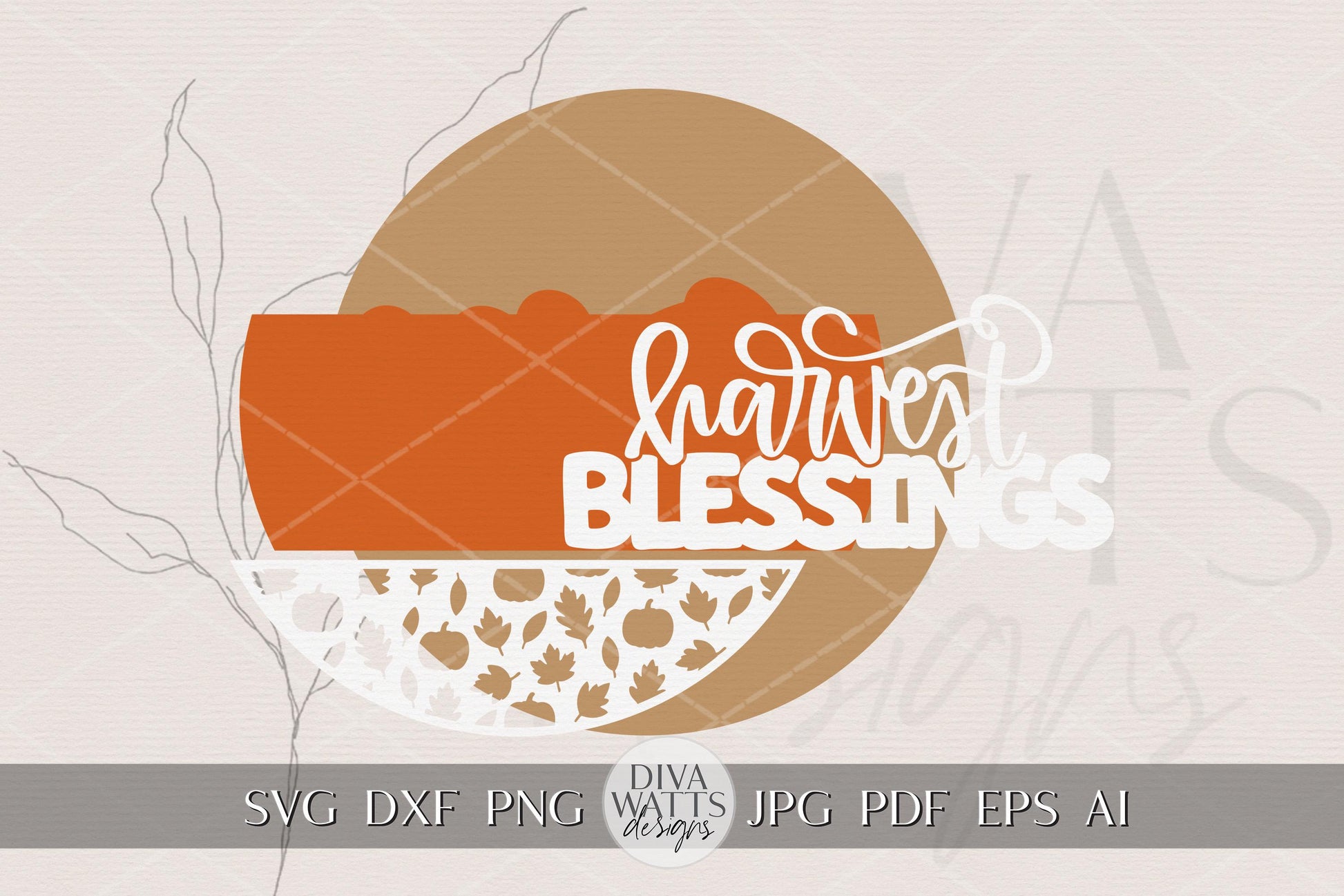 Harvest Blessings Round Door Hanger SVG File for Fall Porch Decor, Laser Cut Autumn Sign Pattern with Pumpkins and Leaves