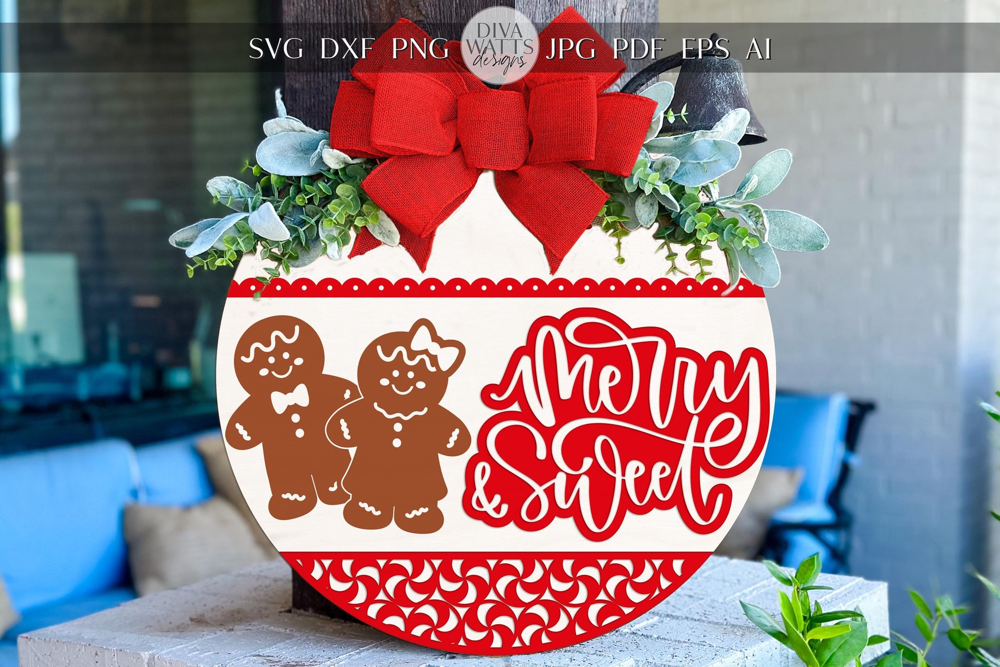 Laser Cut Door Hanger SVG | Merry & Sweet Gingerbread Sign | Christmas Round Template | Digital SVG for Glowforge xTool
