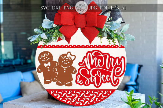 Laser Cut Door Hanger SVG | Merry & Sweet Gingerbread Sign | Christmas Round Template | Digital SVG for Glowforge xTool