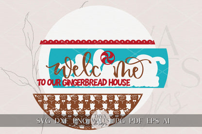 Laser Cut Door Hanger SVG | Welcome to Our Gingerbread House Sign | Christmas Round Template | Digital SVG for Glowforge xTool