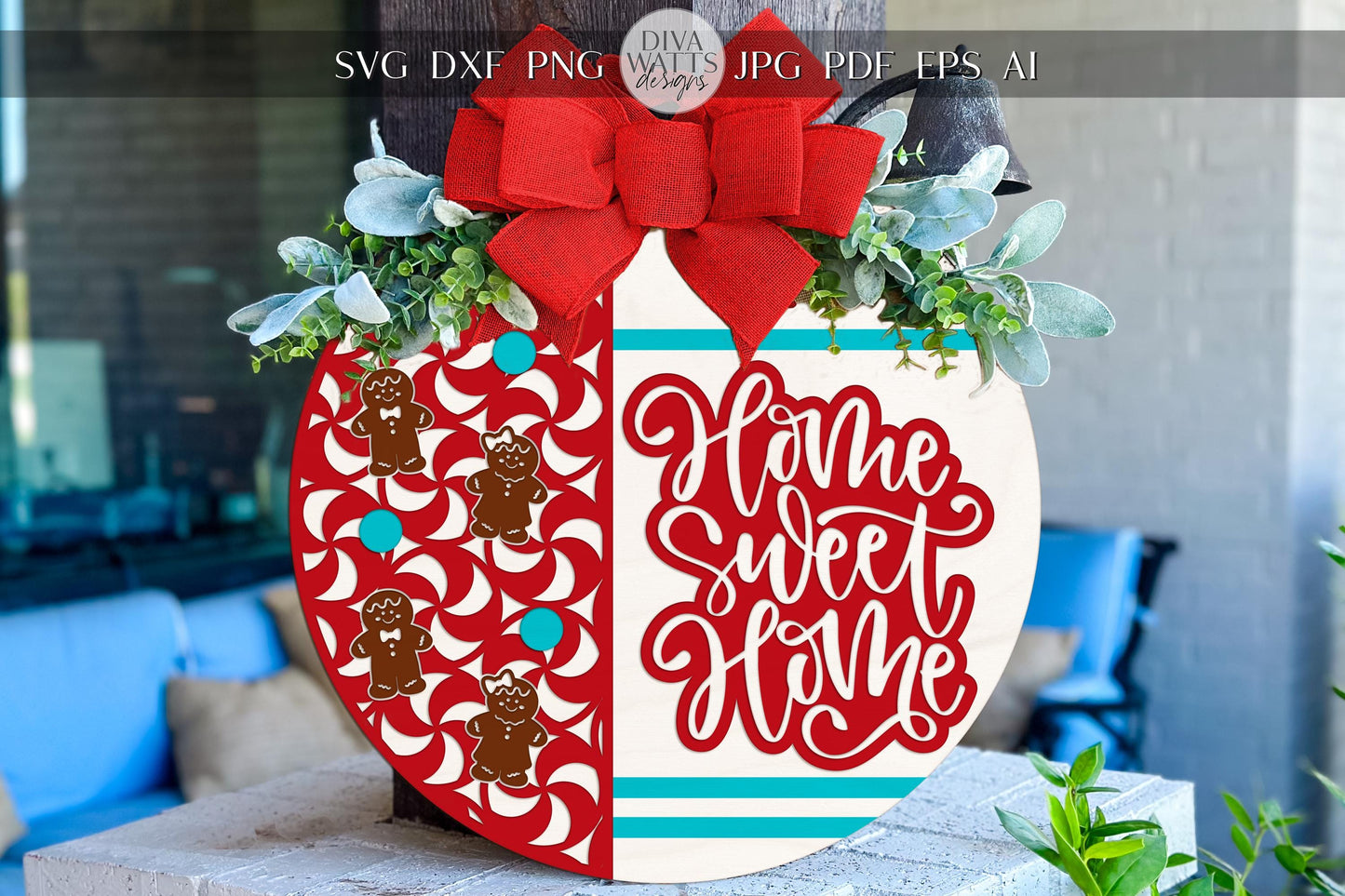 Laser Cut Door Hanger SVG | Home Sweet Home Christmas Sign | Gingerbread Peppermint Round Template | Glowforge xTool SVG File
