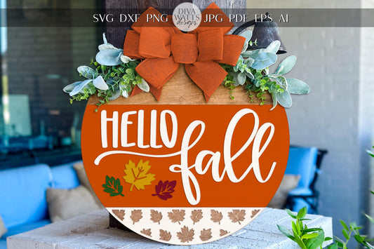 Digital SVG file for laser cutting a round Hello Fall door hanger sign with layered leaves. Instant download includes SVG, DXF, PNG, EPS, JPG, PDF, and AI formats for Glowforge, xTool, OMTech, and more. Cut and assemble your own autumn porch sign using wood and paint. Perfect for craft fairs, resale, or DIY seasonal home décor. Digital file only—no physical product shipped.
