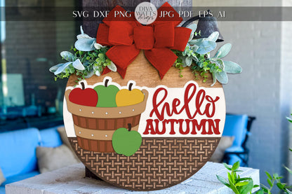 Hello Autumn Apple Basket Round Door Hanger SVG | Fall Porch Sign Laser Cut File for Glowforge xTool OMTech | DIY Layered Wood Sign