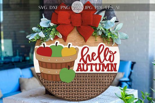 Hello Autumn Apple Basket Round Door Hanger SVG | Fall Porch Sign Laser Cut File for Glowforge xTool OMTech | DIY Layered Wood Sign