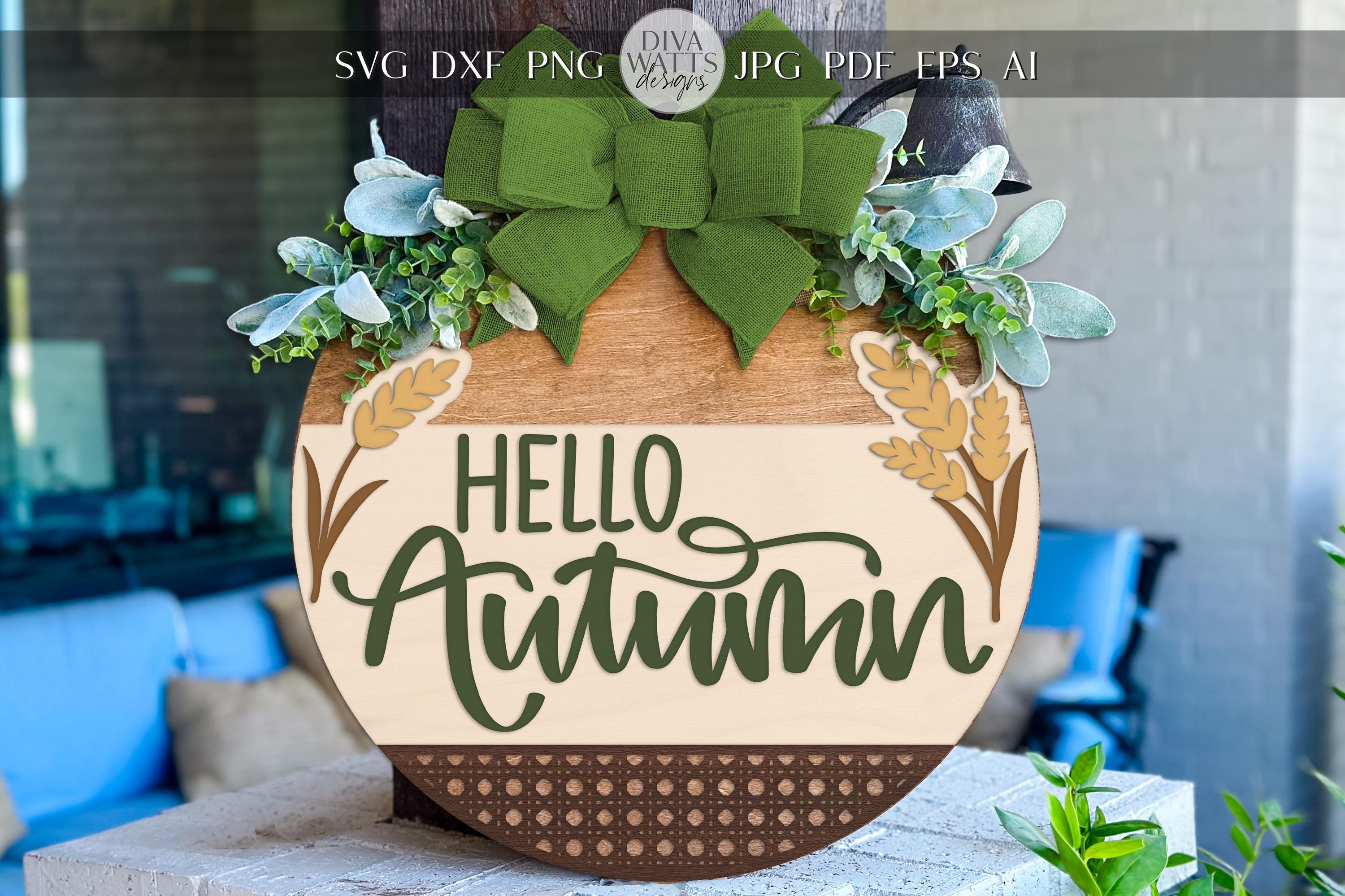 Hello Autumn Round Door Hanger SVG Laser Cut File | Fall Porch Sign Di ...