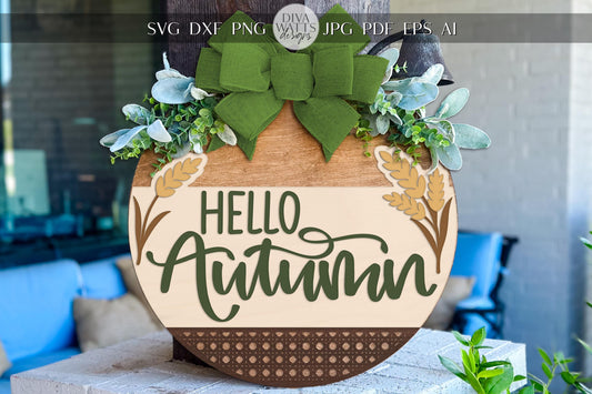 Digital SVG file for laser cutting a round “Hello Autumn” door hanger sign with wheat stalk accents. Instant download includes multiple formats for Glowforge, xTool, OMTech, and other laser machines. Use your own wood and paint to cut and assemble a layered 18-inch round sign. Customize colors for fall, porch décor, or farmhouse style. Digital file only—no physical product shipped. Perfect for DIY projects, craft fairs, or seasonal home décor.