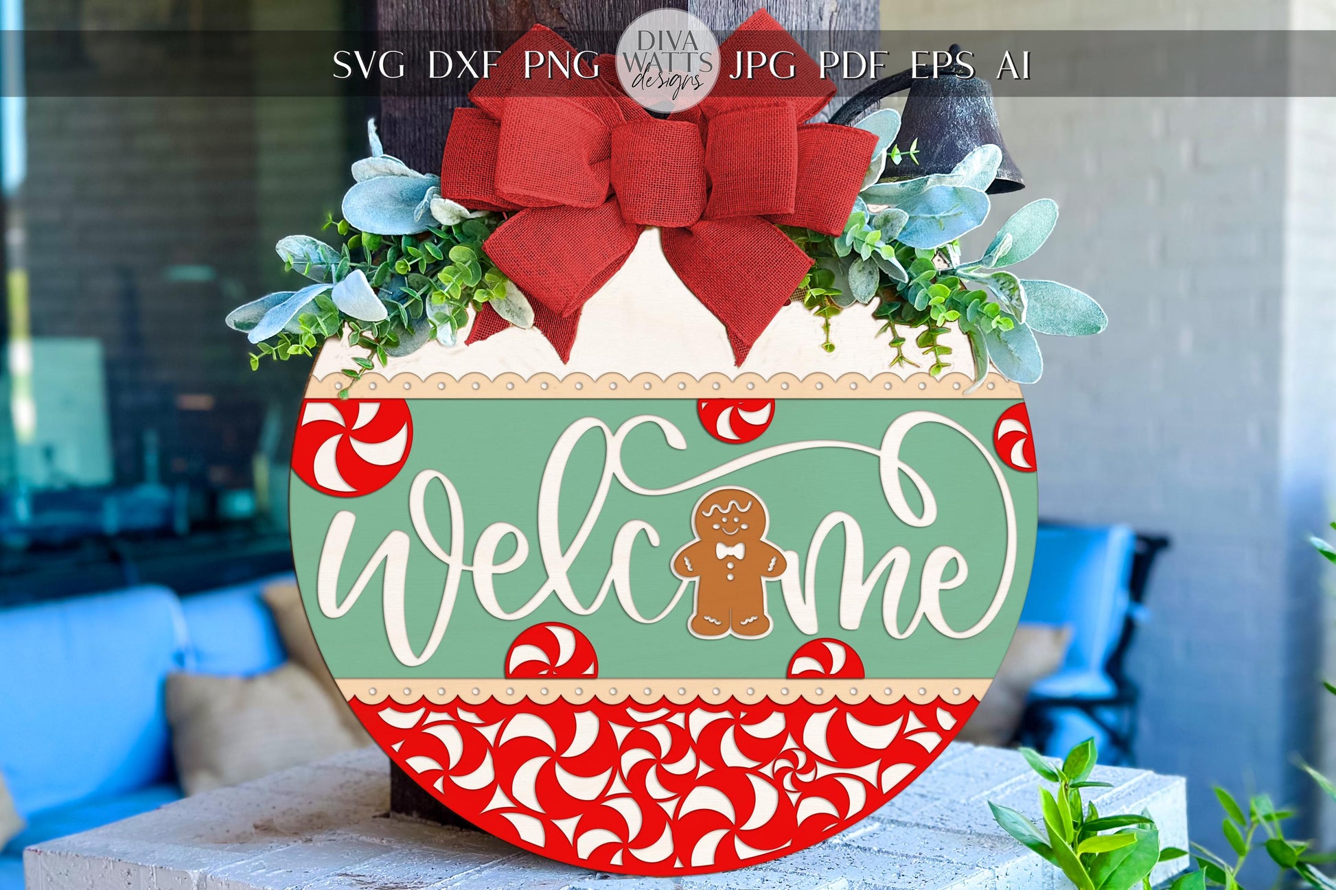 Laser Cut Door Hanger SVG | Christmas Welcome Sign with Gingerbread & Peppermint | Round Template for Glowforge xTool | Holiday SVG